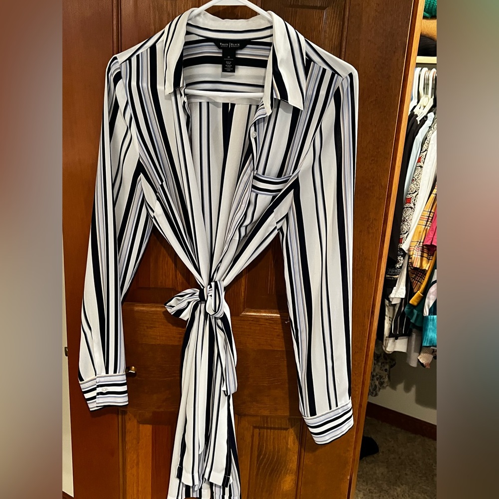 Navy and white striped shirt dress